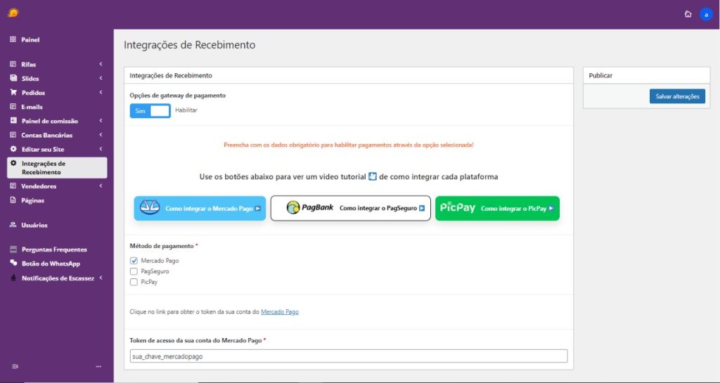 Integrações de recebimento